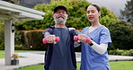 Nurse, garden and dumbbells for man in retirement for health, wellness and training for muscle rehabilitation. Physiotherapist woman, senior patient and together in backyard, fitness or weightlifting