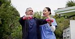 Nurse, training and dumbbells for man in retirement for health, garden and training for muscle rehabilitation. Physiotherapist woman, senior patient and outdoor in backyard, fitness or weightlifting