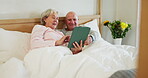 Senior, couple and tablet in bed smile or online connection, social media reading or internet scroll. Man, woman or digital connectivity or laugh in home partnership or network talk, streaming or web