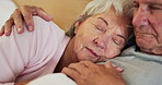 Senior, couple and sleep in bed comfort for hug connection or love retirement, relax or peace. Elderly man, woman and eyes closed for calm dream in home for cozy marriage, tired rest or together care