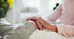 Senior, couple and holding hands for care in closeup, together and trust in marriage. Man, woman and caring for comfort, embrace and love for bonding in home with support for spouse in retirement