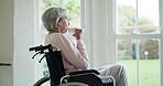 Senior woman, coffee and wheelchair by window with memory, ideas and vision in retirement. Elderly person with disability, mental health and thinking with perspective, reflection or remember in home