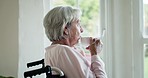 Elderly woman, coffee and wheelchair by window with memory, ideas and vision in retirement. Senior person with disability, mental health and thinking with drink, tea cup or remember in nursing home