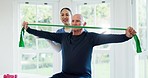 Nurse, senior man and physical therapy with resistance band, arm muscle and exercise in home. Physiotherapy, caregiver and stretching for fitness, rehabilitation or body health, training or recovery