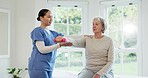 Dumbbells, physiotherapy and doctor  with old woman, conversation and stretching with consultation. Pensioner, elderly person and physiotherapist with patient, recovery and help with rehabilitation