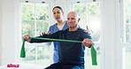 Nurse, elderly man and physiotherapy with resistance band or arm exercise in home. Physical therapy, caregiver or stretching with rubber for fitness, rehabilitation or body health, training or muscle