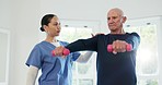 Dumbbells, exercise or physiotherapy with a nurse and old man in a retirement home for training or rehabilitation. Fitness, health or recovery with a woman caregiver and senior patient in a house