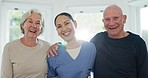 Happy, hug and face of caregiver with senior couple for support, helping and kindness in retirement. Healthcare, retirement home and portrait of nurse with elderly man and woman in nursing home