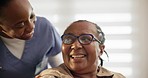 Woman, patient and caregiver with smile in nursing home for assistance, support and mobility. Black people, happy or excited for result with rehabilitation of injury, surgery or healing in hospital