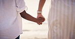 Love, mother and child holding hands at beach, trust and connection, family together and bonding on holiday or vacation. Closeup, mom and kid with support at ocean, back at sea and care in summer