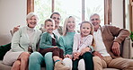 Big family, face and smile on sofa in home for happy connection together, relax holiday or summer vacation reunion. Mother, father and grandparents or children portrait for bonding, support or peace