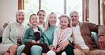 Big family, face and smile on sofa happy connection in home together, relax holiday or summer vacation reunion. Mother, father and grandparents or children portrait for bonding, support or peace hug