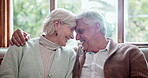 Hug, home and old couple on a couch, love and retirement with romance, relationship and happiness. Apartment, elderly man and senior woman on a sofa, embrace and romantic with marriage and bonding