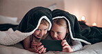 Happy children, night or blanket with tablet, digital games or bed in love care for bonding. Girl, boy or touchscreen to watch online cartoons, technology or stream video in conversation in bedroom 