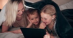 Mom, children and tablet in bedroom, watching and playing in bed, technology and smile. Happiness, enjoying and online for childhood, digital and internet in family home, games and bonding together