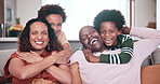 Home, hug and face of happy African family love, bonding and smile for children support, care and relax together. Happiness, living room couch and portrait mother, father and kids hugging parents