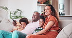 Happy, relax and African family watch television, film movies and streaming media, cable network or subscription video. Home, broadcast and young kids, mom and dad watching tv show on lounge couch