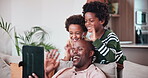 Black family, tablet for video call and a father with his children on a sofa in the living room of their home. Smile, wave or greeting with a boy, brother and father in their apartment together