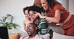 Black family, tablet for video call and parents with their children on a sofa in the living room of their home. Smile, wave or greeting with a mother, father and boy kids in their apartment together