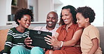 Home tablet, talking and happy African family watch web video, social media meme and parents speaking with youth children. Online, love and relax bonding kids, mother and dad sitting on lounge sofa