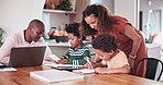 Happy black family, writing and working in kitchen for learning, education or homework together at home. Mother helping children with books, test or study while dad busy in living room at house