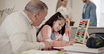 Grandfather, grandchild and homework and talking, helping and learning support at dining table of home. Family, girl child and senior man with thinking, portrait and writing in living room of house