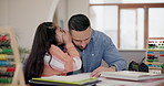 Father, daughter and whisper for secret with surprise, happiness and bonding in dining room table of home. Family, man and girl child with gossip and conversation in living room for homework or love