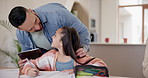 Homework, tablet and child with parents in home for education, learning and school lesson. Family, happy and mother on phone call, father on digital tech and young girl with notebook for writing