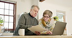 Senior couple, documents and laptop in home for budget, planning investment portfolio and financial assets. Man, woman and bills for online banking, insurance policy and report of retirement savings 