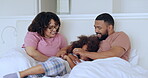 Parents, child or tickle in bed in communication, wellness or laughter in morning for love together. Mom, dad or kid in brazil in conversation, funny in bedroom or happy family to play in bonding