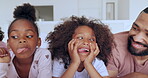 Parents, children or funny face in bed in morning, comic laughing or care for love together. Mom, dad and kids for crazy portrait, closeup for comedy playing in bedroom, happy family and connect 


