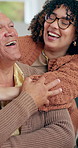 Woman, hug senior father and laugh together in family home with love, bonding and care with funny conversation. Girl, elderly dad and embrace with chat, talk and comic memory in house for crazy joke