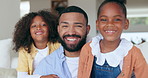 Face, children or father in home with smile, love or pride to relax for bonding together in happy family. Siblings, hug or biracial kids on sofa or couch laughing with dad for support, unity or care