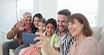 Family, selfie and grandparents or kids sofa or social media connection, together love or children smile. Parents, wave or multicultural relatives or mobile on couch or happy post, network or care