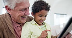 Grandfather, child and tablet for home education, e learning support and talking, laughing or happy website games. Senior man, interracial family and kid teaching on digital technology for school