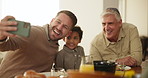 Selfie, kid and man with senior father in a kitchen bond, memory or fun at home together. Jewish, happy family and boy child with dad and grandpa for breakfast, profile picture or photography at home