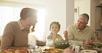 Jewish, family and dinner in home with eating, conversation and happy for celebration, party or event. People, father and son with grandfather at dining table with lunch, food and talking for bonding