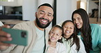 Love, selfie and family on a sofa happy, hug and together for profile picture in their home together. Phone, photography and parents with children in a living room for social media, update or memory