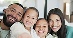 Face, happy family or selfie with love on couch, together or health wellness in living room. Mother, children and father with smile portrait, smartphone and care support in with gratitude in house
