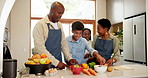 Black family, mother and father with kids, cooking and learning with vegetables, nutrition and bonding. Mom, dad and children with fruits, helping hand and support with care, love and diet in house