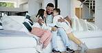 Father, children and hug love on sofa or siblings for family connection, dad bond or relax weekend. Man, daughters and embrace for support smile or papa joy for together trust,  kids care from parent