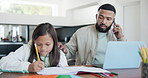 Father, daughter and work from home with phone call, laptop and support for relationship and care in living room. Family, man and girl child with homework, multitasking and communication or freelance