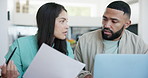 Couple, laptop and stress for bills, debt and poor savings of budget, mortgage loan and taxes at home. Man, woman and check banking report for financial mistake, inflation crisis or error at computer