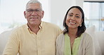 Face, love and smile with a senior couple on a sofa in the living room of their home together for bonding. Portrait, relax or romance with a happy old man and woman in their apartment for retirement