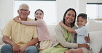 Happy, face and children with grandparents on sofa in the living room together at home. Smile, portrait and kids relaxing with grandmother and grandfather in retirement in the lounge at modern house.