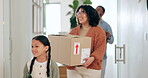 Family, new home or boxes with smile for moving, house owners or investment in hallway. Girl kid, man and woman with happiness for apartment, real estate and homeowner at property with box or excited