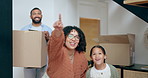 Happy family, box and moving in new home for real estate, property or investment together. Excited mother, father and child walking or exploring house, apartment or renovation and boxes in relocation