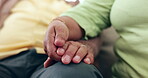 Hands, support and a couple closeup in their home for love, empathy or comfort in time of loss, pain and grief. Help, trust or hope with a man and woman praying for spiritual faith or healing