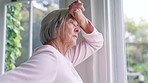 Window, thinking and senior woman or alzheimer, doubt and anxiety for future, retirement and death. Elderly person, nursing home and depression or mental health, stress and regret decision or fear