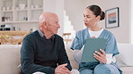 Elderly man, home nurse and tablet for healthcare advice, talking of insurance and planning of medical care on sofa. Retirement help, ADN worker or caregiver with senior patient on digital technology